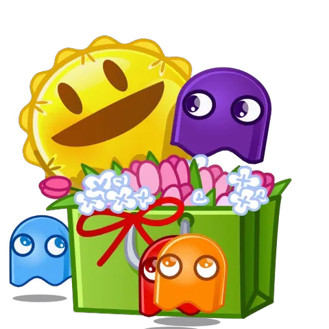 Анимация со смайликом и призраками в стиле Pac-Man, держащими букет цветов в пакете.