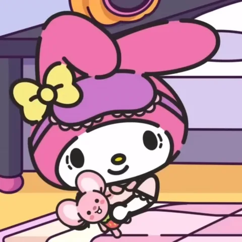 Анимация персонажа My Melody, которая держит в руках плюшевую мышку и моргает.