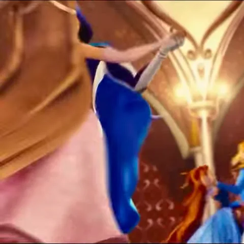 Анимация из мультфильма Winx Club: пара персонажей исполняет вальс в дворцовом зале.