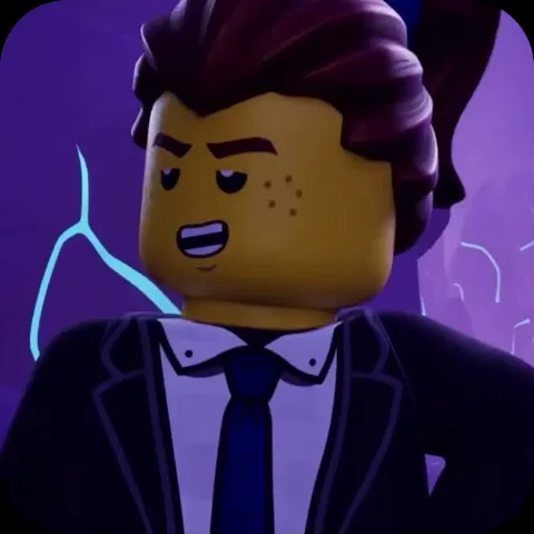Анимация персонажа Джея из LEGO Ninjago в черном костюме с синим галстуком на фоне молний.