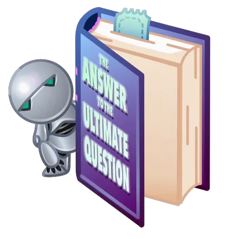 Анимация: серебристый робот листает фиолетовую книгу с надписью «THE ANSWER TO THE ULTIMATE QUESTION», внутри светится зеленое число 42.