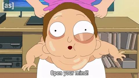 Анимация персонажа из мультсериала «Рик и Морти», который кричит фразу «Open your mind!»