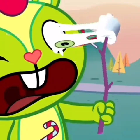Анимация в стиле Happy Tree Friends: зелёный заяц с выпученным глазом тянется к зефиру на палке.
