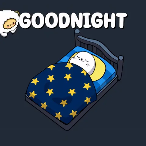 Анимация с надписью GOODNIGHT: одна овечка спит в кровати, другие прыгают вокруг.