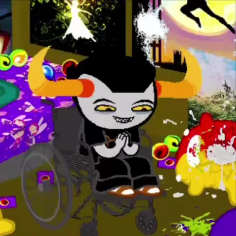 Анимация из набора Homestuck Trolls: серый тролль с оранжевыми рогами сидит в кресле-коляске и прикрывает рот руками, выражая смущение или шок.