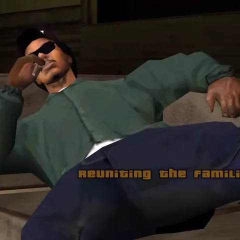 3D-модель персонажа из игры GTA San Andreas в очках и кепке сидит на диване и курит сигарету.