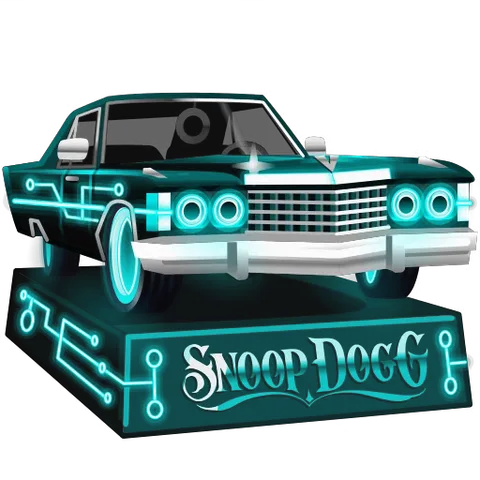 Бирюзовый автомобиль лоурайдер с неоновыми огнями, прыгающий на платформе с текстом Snoop Dogg.