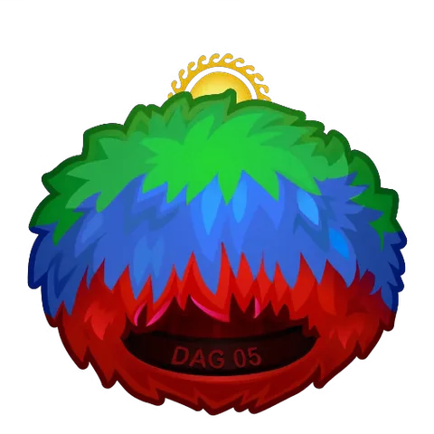 Анимация меховой шапки-папахи с надписью DAG 05, за которой восходит солнце.