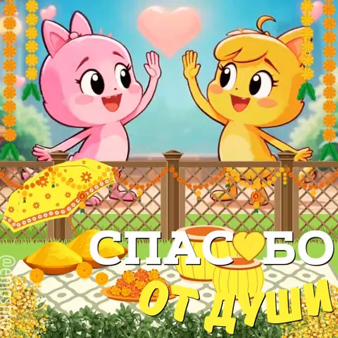 Розовый и оранжевый персонажи машут руками на фоне осеннего забора с надписью «Спасибо от души».