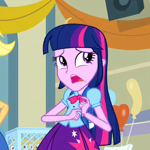 Анимация персонажа Твайлайт Спаркл из My Little Pony: Equestria Girls, которая меняет выражение лица от беспокойства до застенчивой радости.