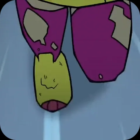 Котоподобный персонаж в порванной фиолетово-желтой одежде сердито смотрит на зрителя и быстро приближается к экрану.