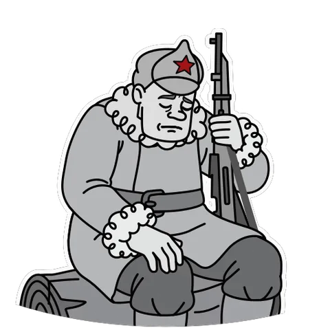 Анимированный стикер с уставшим солдатом в военной форме, сидящим на бревне с винтовкой в руках.