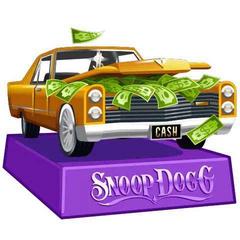 Оранжевый автомобиль лоу-райдер с надписью Snoop Dogg на подставке, из которого сыплются купюры.