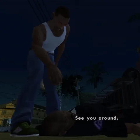 Анимация из игры GTA San Andreas: главный герой Карл Джонсон в белой майке и синих джинсах стоит над упавшим полицейским. На экране появляется субтитр с репликой.