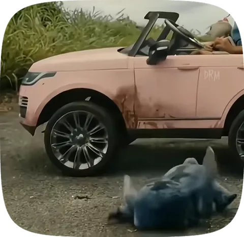 Серый слонёнок падает на землю рядом с розовой детской машинкой.