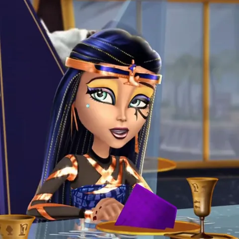 Анимация с персонажем Клео де Нил из Monster High. Она держит в руках фиолетовый предмет (похожий на письмо) и смотрит на него с интересом.