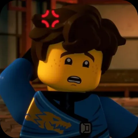 Анимация с персонажем Джеем из LEGO Ninjago в синей одежде. Он держит руку на затылке и выглядит смущённым или раздражённым, над его головой мигает красный символ гнева.
