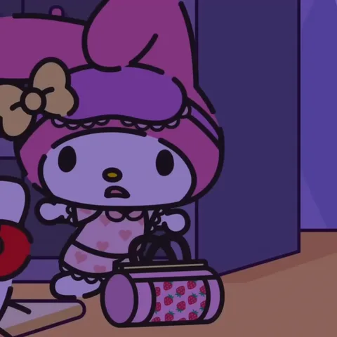 Анимация персонажа My Melody Sanrio в пижаме и шапочке, который стоит с дорожной сумкой и защёлкивает её.