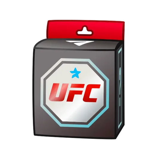 Черная подарочная коробка с красным верхом и логотипом UFC на лицевой стороне. На боковой грани виден знак вопроса. Коробка анимирована: она слегка двигается, а на логотипе появляются блики.