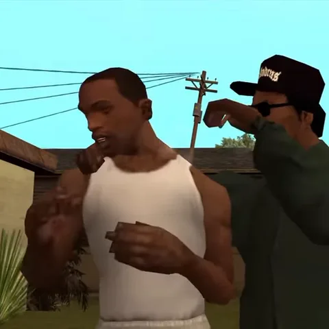 Два мужчины из игры GTA San Andreas делают сложное рукопожатие на улице.