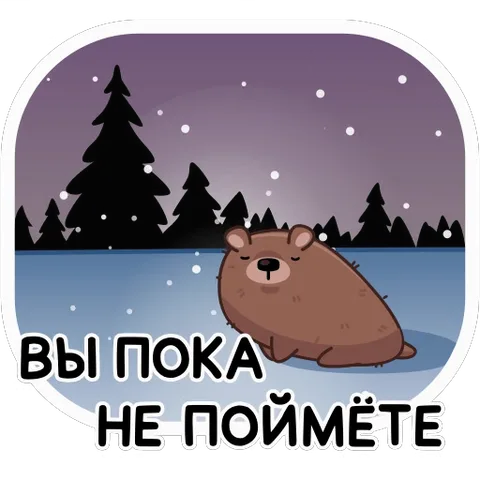 Коричневый медведь сидит в снегу, вокруг падают снежинки, он говорит: «Вы пока не поймёте».