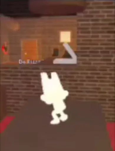 Анимация белого кроликоподобного существа, которое делает сальто в комнате из красного кирпича.