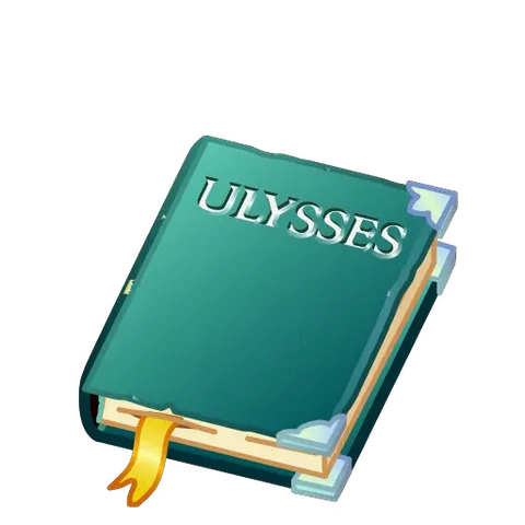 Анимированная зеленая книга с надписью ULYSSES на обложке, которая покачивается и ветшает.