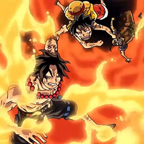 Анимация из One Piece: Эйс в бою среди огня, сверху летит Луффи.