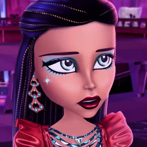 Анимация лица персонажа в стиле Monster High: девушка с тёмными волосами и бирюзовыми тенями для век опускает взгляд, моргает и снова смотрит прямо.