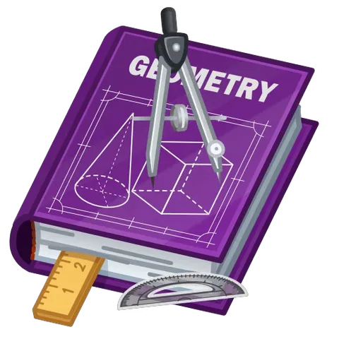 Анимированный стикер: закрытая книга с надписью GEOMETRY открывается, показывая процесс черчения окружностей и линий инструментами.