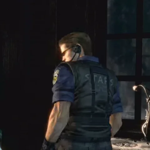 Анимация Альберта Вескера из игры Resident Evil, поворачивающегося и жестикулирующего.
