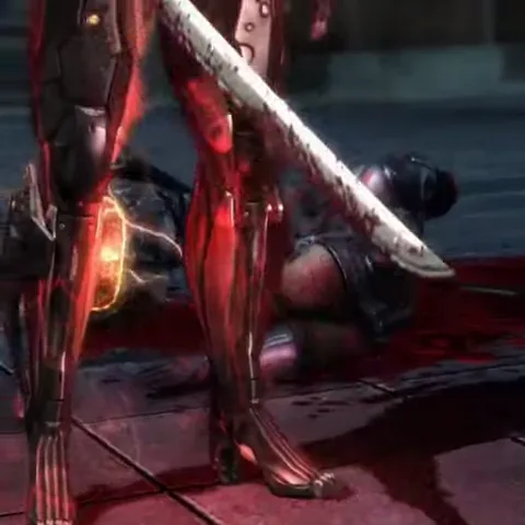 Анимация персонажа Рейдена из игры Metal Gear Rising: Revengeance. Он держит в руке большой меч, покрытый кровью, на фоне виден лежащий на полу противник. Персонаж произносит фразу «Who's next?» (Кто следующий?).
