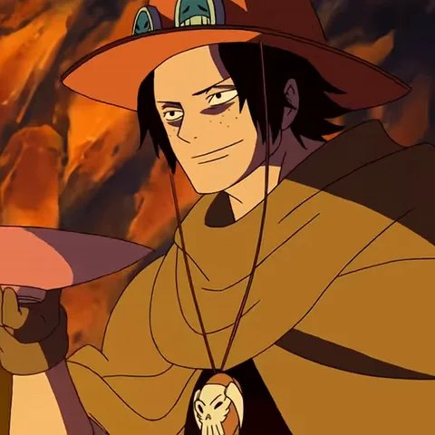 Аниме-персонаж в оранжевой шляпе и накидке поднимает руку к полям шляпы, слегка наклоняя её. На заднем плане видны огненные всполохи.
