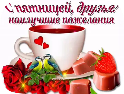 Две синички на ветке, чашка чая, розы, клубника и конфеты. Надпись «С пятницей, друзья! Наилучшие пожелания».