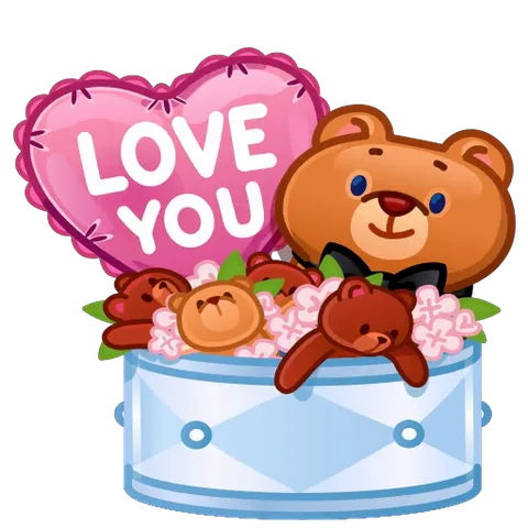Анимированный медвежонок в коробке с цветами и надписью «Love You» на сердце.