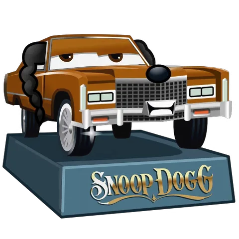 Оранжевый автомобиль-лоурайдер с надписью Snoop Dogg на постаменте, совершающий прыжки на гидравлической подвеске.