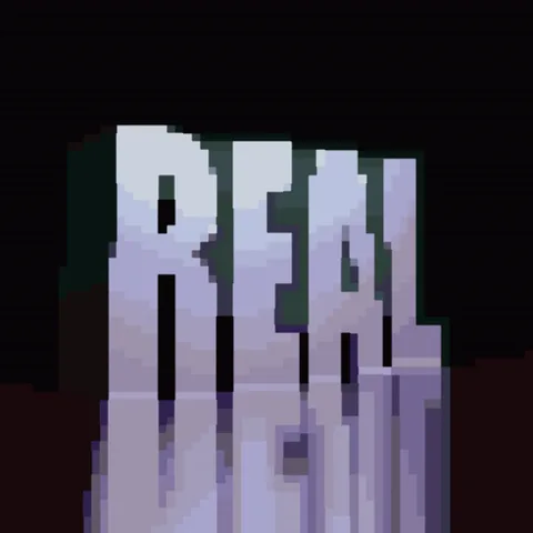 Анимация с пиксельной надписью REAL на темном фоне