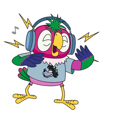 Мультяшный попугай в наушниках весело танцует под музыку.