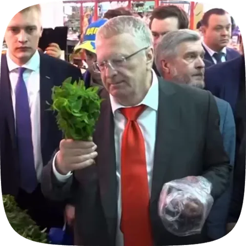 Владимир Жириновский на мероприятии нюхает пучок петрушки или укропа, держа его перед лицом.