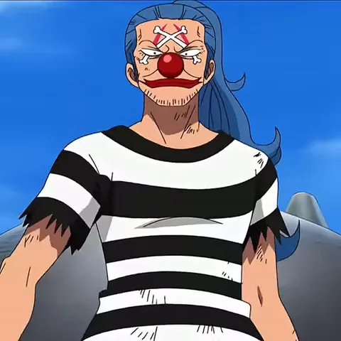 Анимация персонажа Багги из One Piece, который улыбается и поднимает руку с растопыренными пальцами.