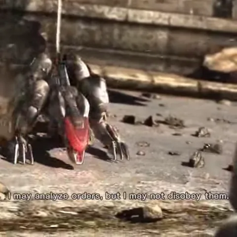 Анимация из игры Metal Gear Rising: Revengeance. Киборг с красной маской на лице стоит в боевой позе на фоне разрушений. Внизу появляются субтитры с его репликами об анализе приказов и необходимости уничтожить цель.
