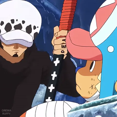 Анимация из One Piece: Трафальга Ло с мечом и Тони Тони Чоппа в шапке стоят рядом на ледяном фоне.