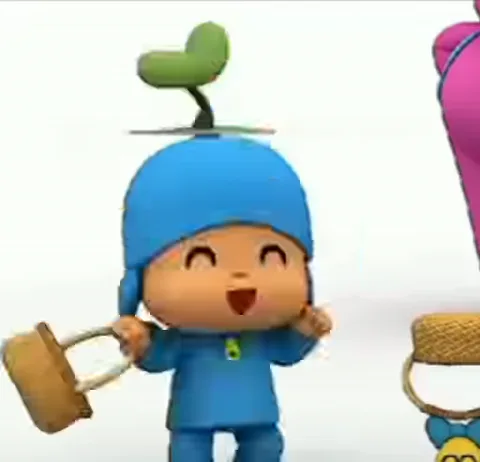 Анимация персонажа Pocoyo, который весело танцует и прыгает с корзинкой в руках на белом фоне.