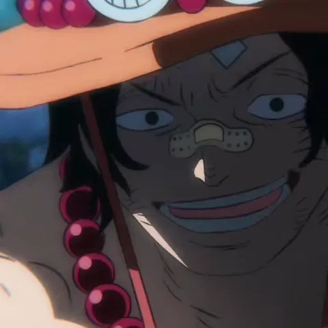 Анимация крупного плана персонажа из аниме One Piece, у которого лицо освещается вспышкой огня, и он начинает смеяться.