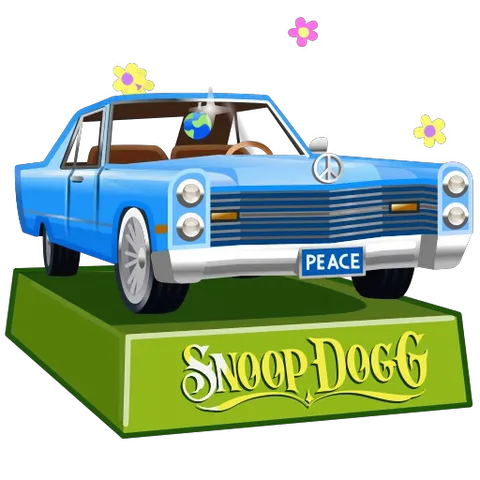 Голубой автомобиль лоурайдер на зеленом постаменте с текстом Snoop Dogg, анимация подпрыгивания и летающих цветов.