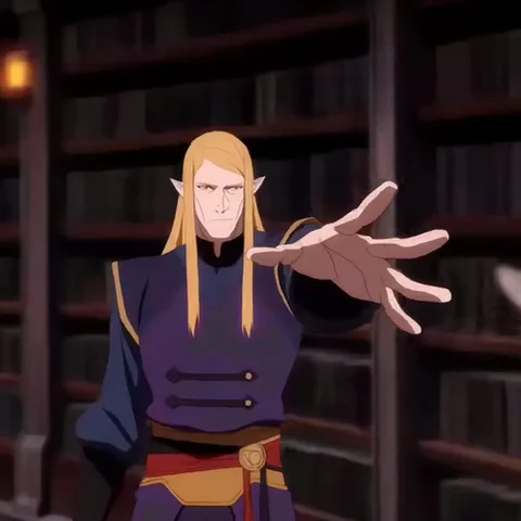 Анимация персонажа из Dota: Dragon's Blood. Высокоэльф с длинными светлыми волосами и заостренными ушами в фиолетовой мантии стоит на фоне книжных полок. Он медленно поднимает правую руку перед собой, после чего его глаза начинают ярко светиться желтым цветом.