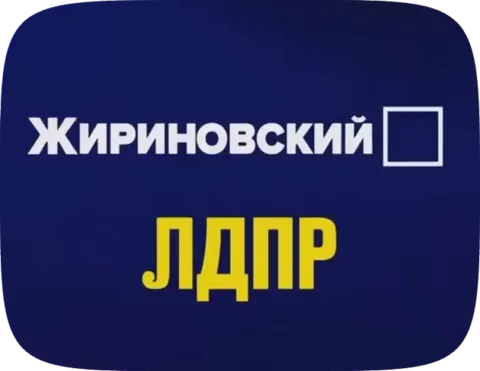 Синий фон с текстом «Жириновский», пустой квадрат, который заполняется красной галочкой, и надписью «ЛДПР» снизу. Вспышка света в момент выбора.
