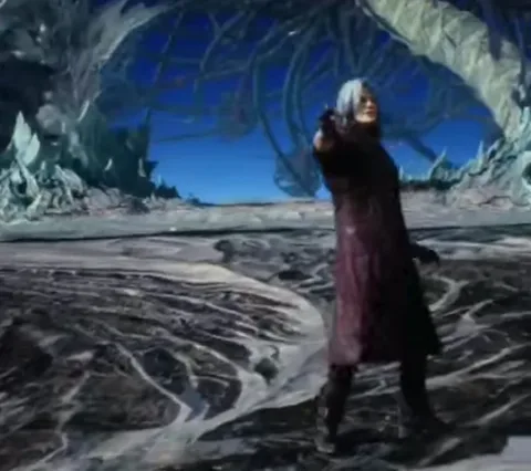 Анимация, где персонаж Данте из игры Devil May Cry жестикулирует, и на фоне появляется гигантское сердце из красного пламени.