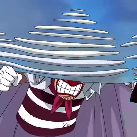 Анимация персонажа Багги из аниме One Piece. Он сбрасывает с лица белую крышку и кричит, широко раскрыв рот.