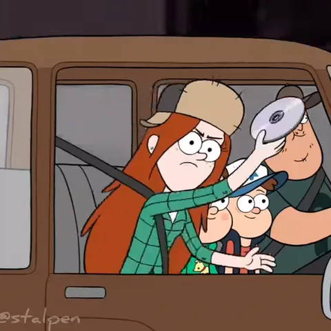 Анимация с Wendy из мультсериала Gravity Falls, которая сидит в машине с недовольным выражением лица.